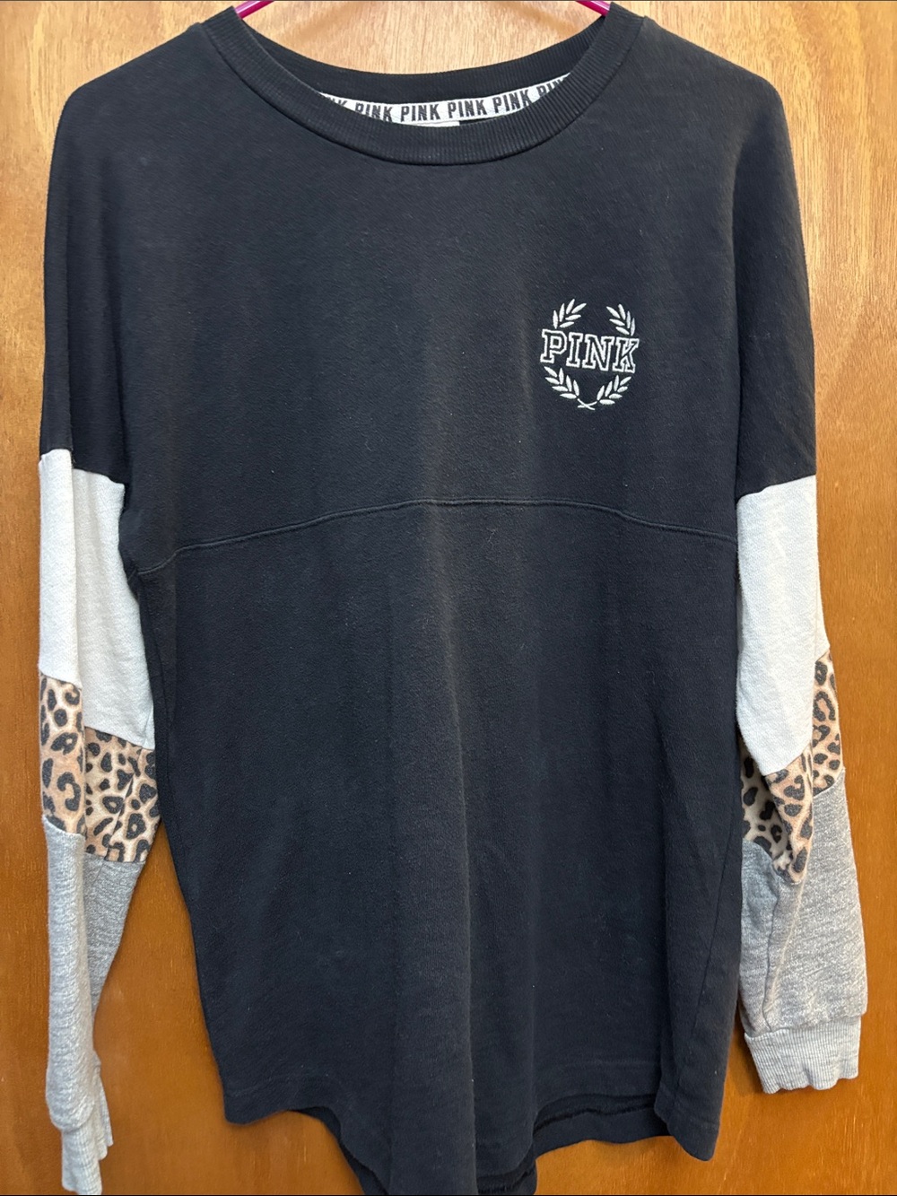 Victoria's Secret PINK Black Long Sleeve Colorblock Tee with Leopard Accents